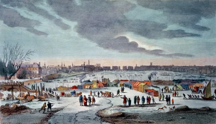 Feria de hielo en el río Támesis cerca de Temple Stairs en 1683-84, grabado por James Stow (1770-c.1820), pub. 1825 por Robert Wilkinson